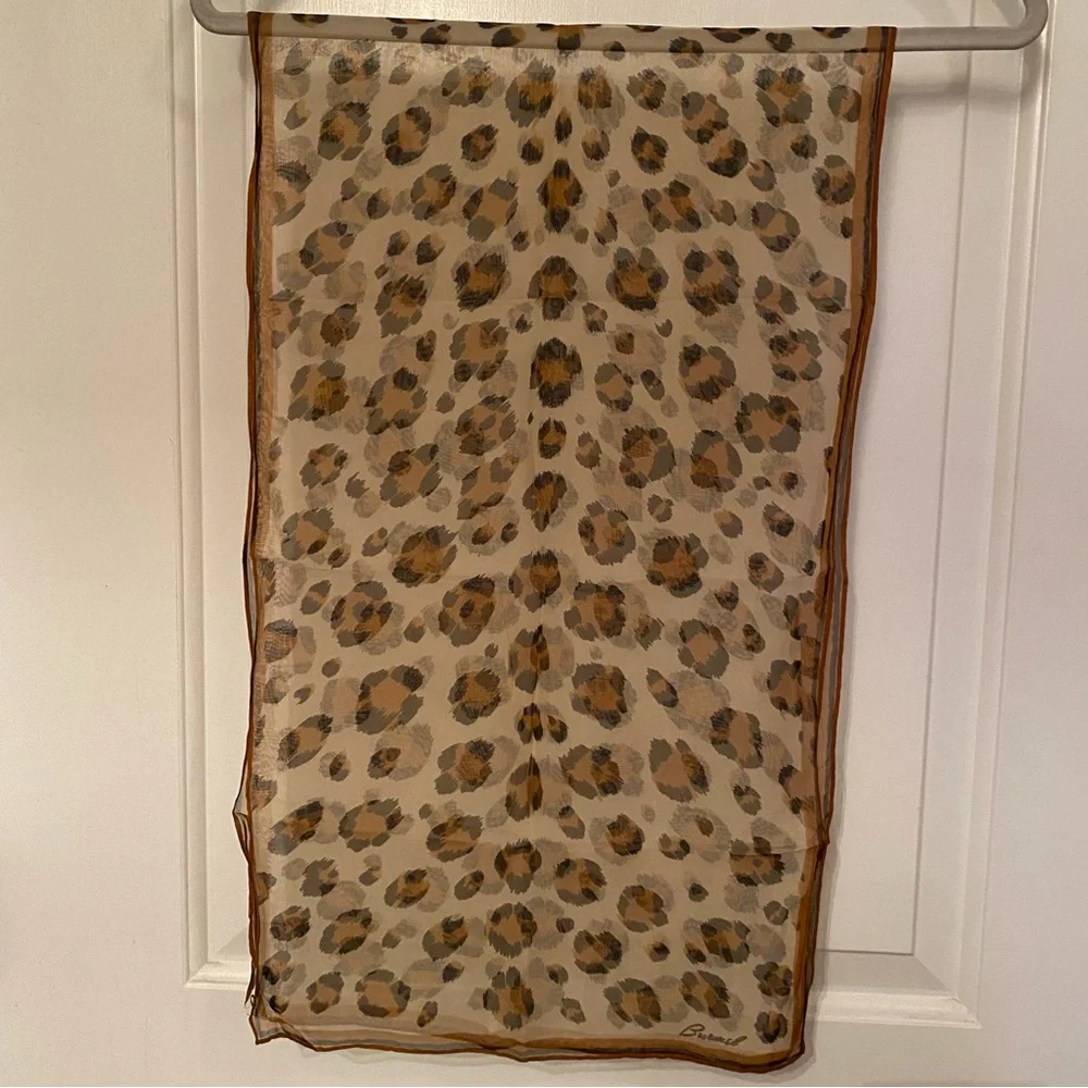 BURMEL SCARF VINTAGE CREAM BROWN BLACK SHEER ANIMAL PRINT HAND ROLLED RECTANGLE